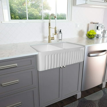 37 in. Farmhouse Kitchen Sinks Double Bowl Apron Undermount Vessel 33"x18"x10" Sink White