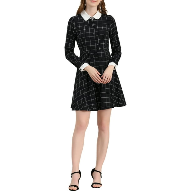 Vestido Retro de Cuadros con Cuello Peter Pan para Mujeres Chic M Negro