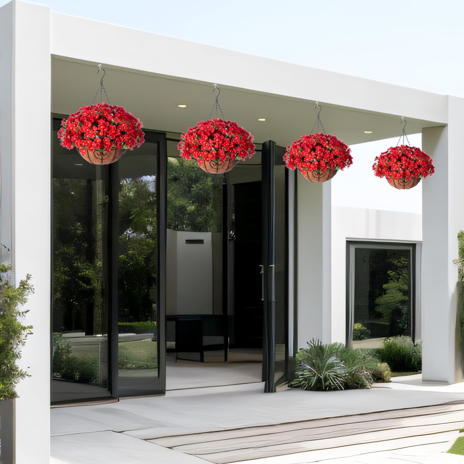 Artificial Hanging Flowers Basket for Spring Outdoor Outside Decoration, Fake Silk Colorful Daisy Eucalyptus in Planter UV Resistant Look Real for Home Patio Yard(Darkorchid)