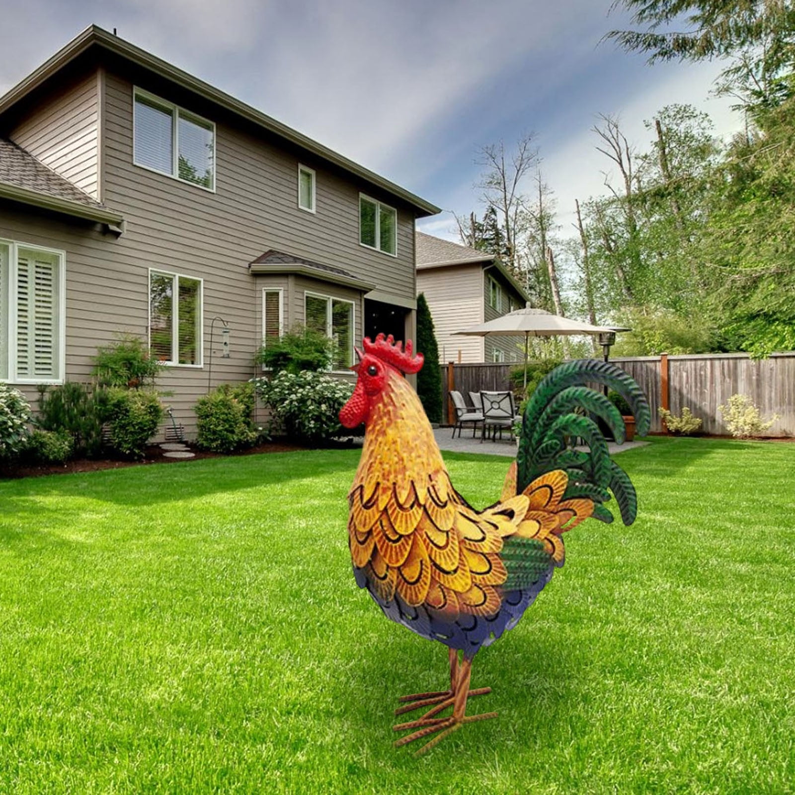 DAMAI Metal Rooster Yard Art Statue - 16 In Outdoor Chicken Statue Decoration For Patio Lawn Garden, 3D Rooster Garden Statues, Chicken Yard Art Sculpture Outdoor Figurines, Metal Chicken Decor