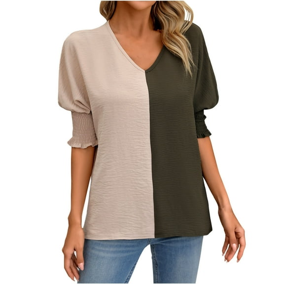 Quinlirra Womens Tops Women's V-Neck Loose Casual Tie Sleeve Color Blocking Top