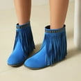 thumbnail image 2 of Boho Ethnic Cowboy Boots for Women Bohemian Long Fringe Suede Pointed Toe Wide Mid Calf Cowgirl Dress Booties Blue Size 9.5, 2 of 5