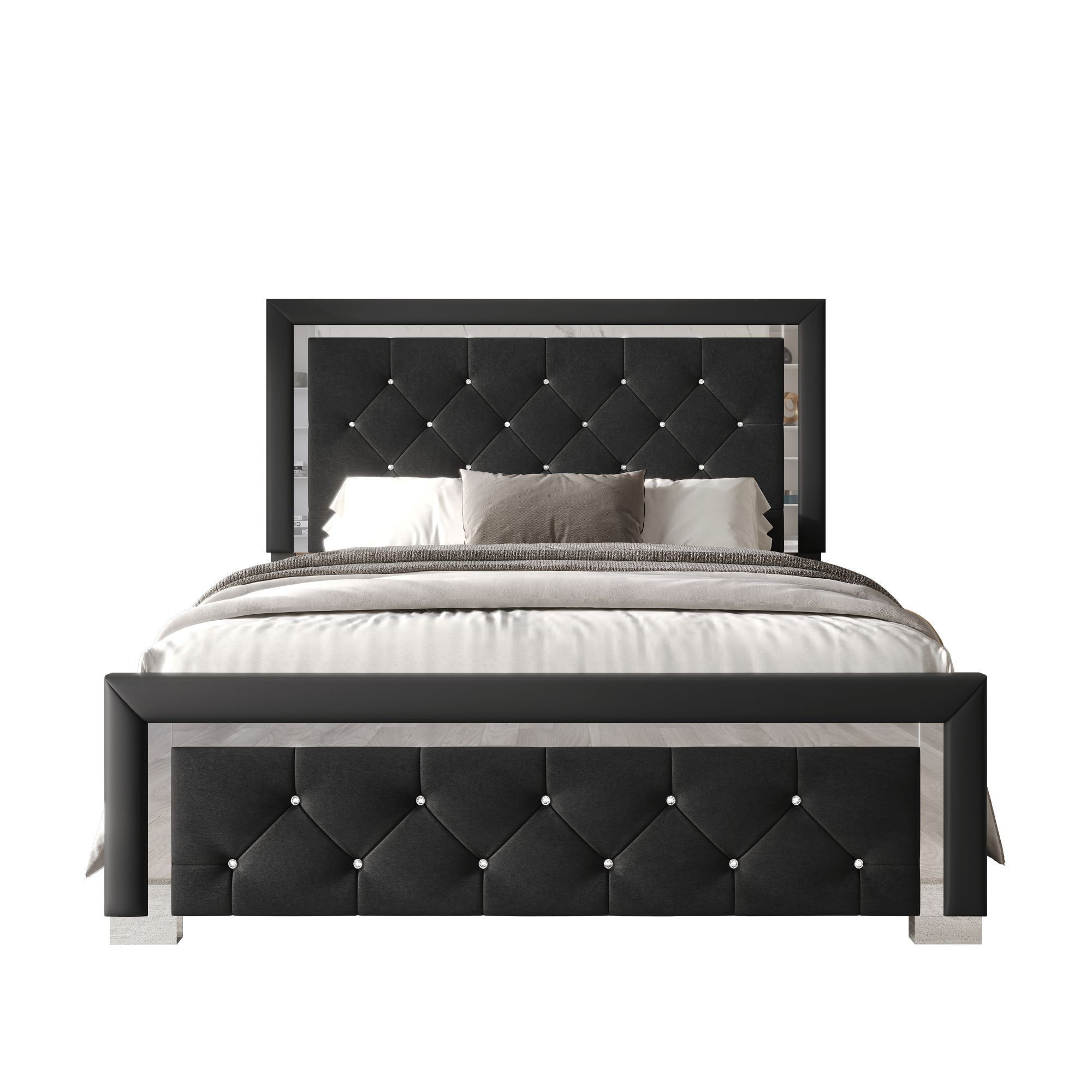 Home Design Toccoa Full Upholstered Panel Bed Frame with Diamond Button-Tufted Headboard and Silver Metal Accents, Black, Easy Assembly