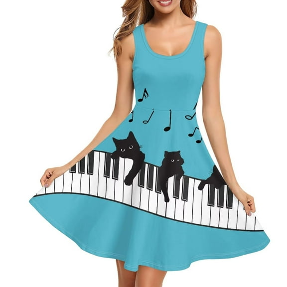 FKELYI Music Black Cat Sleeveless Dress Size M Loose Women Vest Dress for Hoilday Women Casual Midi Length Dress