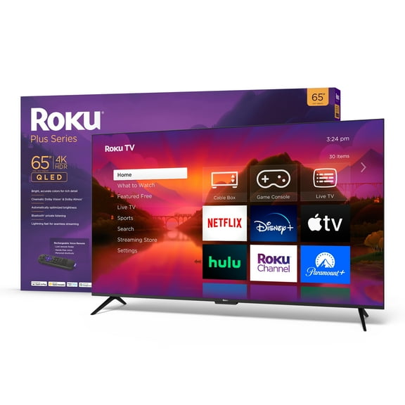 Roku 65” Plus Series 4K Dolby Vision HDR10  QLED Smart Roku TV with Roku Voice Remote Pro, Striking 4K Resolution, Automatic Brightness, Dolby Vision and HDR10 