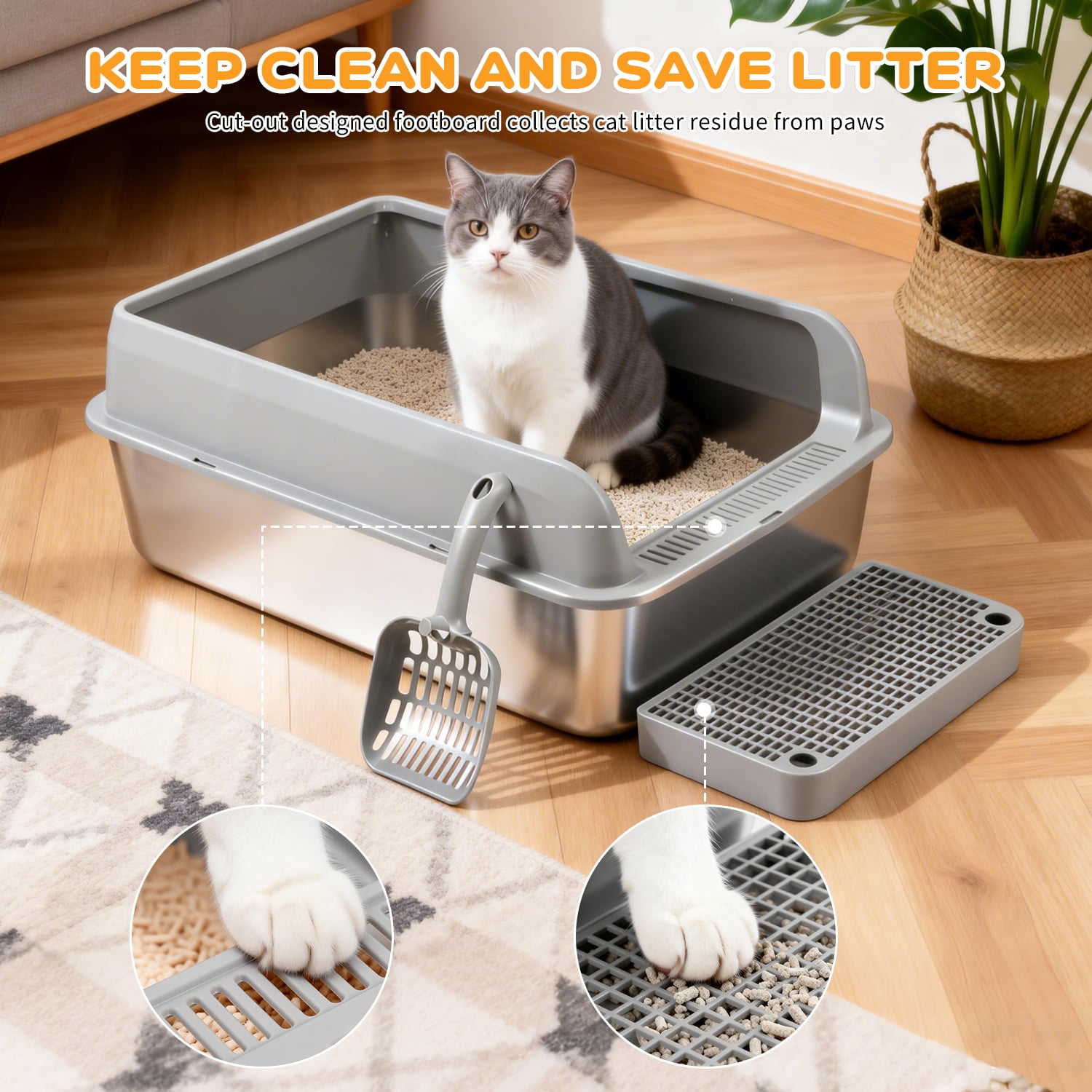 Yucurem Stainless Steel Cat Litter Box, High Sided Cat Litter Box for Small/Big/Multi Cats, with Scoop and Case, Paw Mat, 2 Rolls of 30 Bags