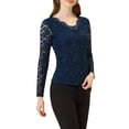 thumbnail image 4 of INSPIRAR CHIC Día de San Valentín Blusa de Encaje Floral de Manga Larga con Escote en V y Detalle de Encaje en el Dobladillo Talla S Azul Oscuro, 4 of 6