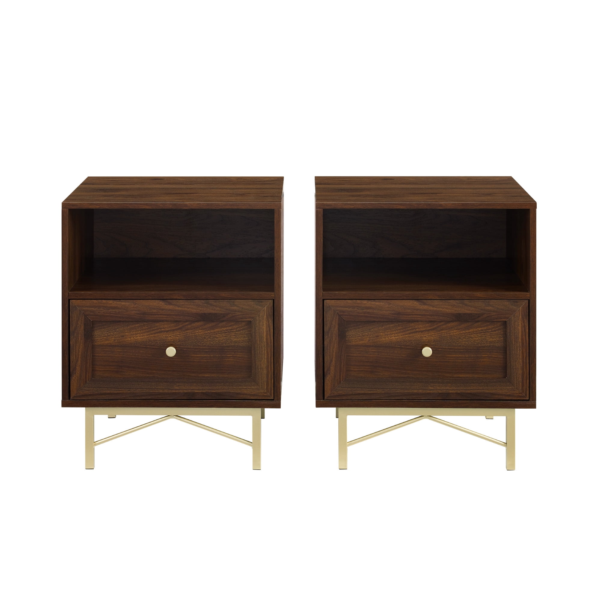 Walker Edison Modern Single Drawer Nightstand, Set of 2, Dark Walnut