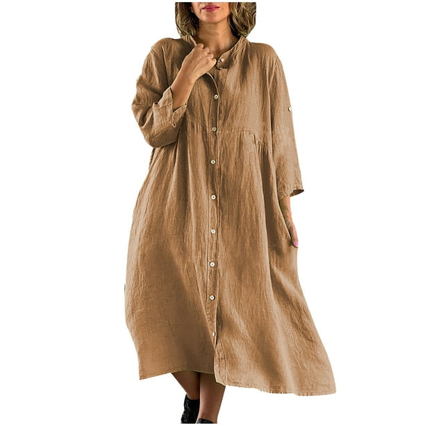 Women linen dresses 3/4 sleeve dress midi dress 100% linen long