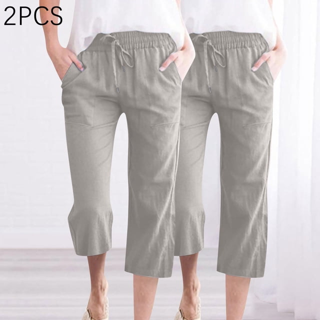Simua Pantalon Capri pour Femmes Été Grand Jambe avec Poches 2 Pcs