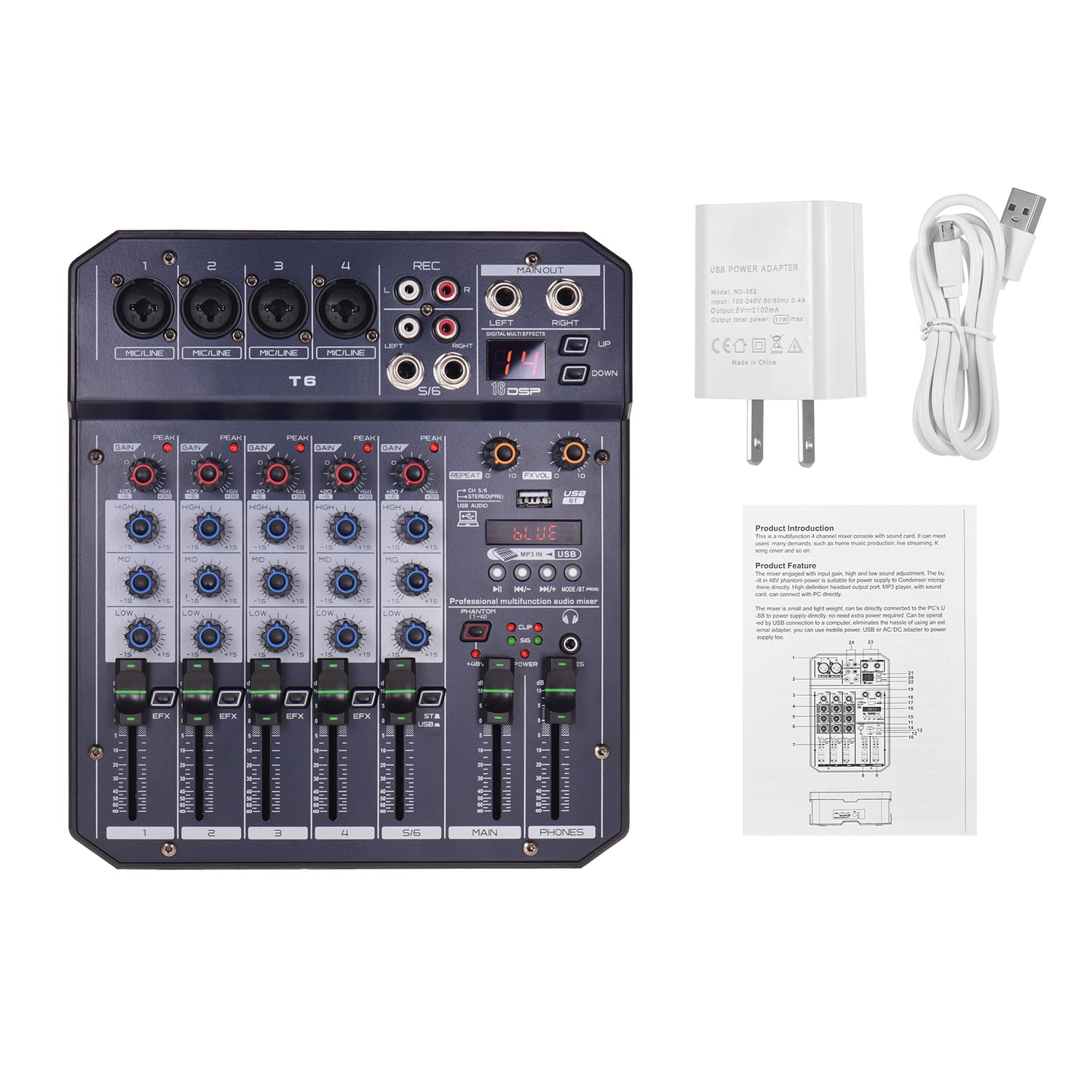 Nishore Mixing Console,16 48v Built-in 16 48v Function 5v Portable 6-channel Player Function 5v Mp3 Player Function 6-channel Sound Console Dj Network Live Portable 6-channel Sound