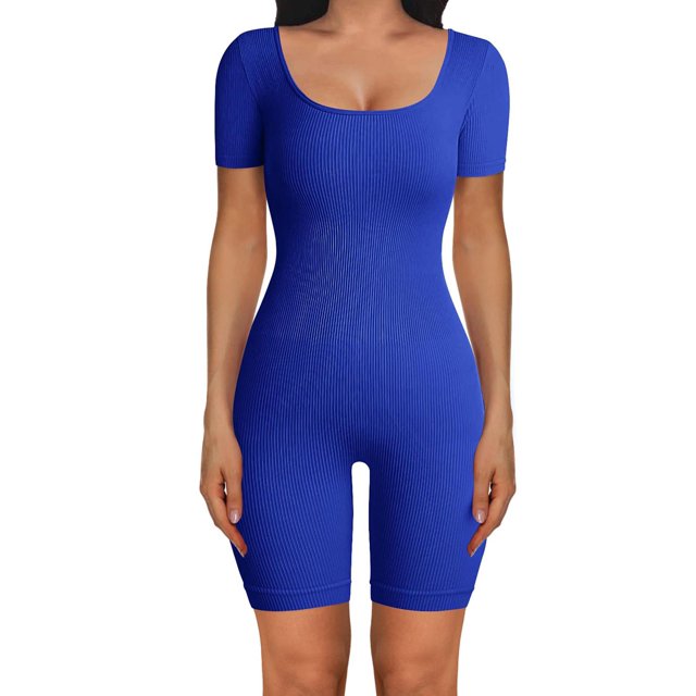 xiaxaixu Femmes Combinaison Courte, Manches Courtes Col Rond Côtelé Solide Slim Fit Playsuit pour la Rue Quotidienne