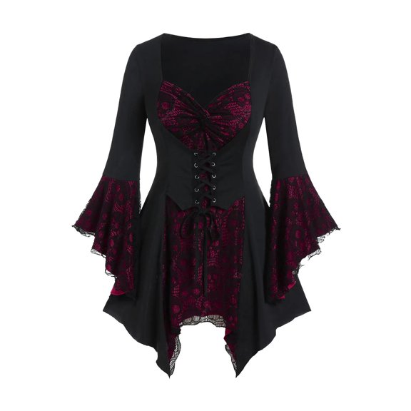 Patlollav Plus Size Women Gothic T Tees 3/4 Sleeve Mesh Bandage Tops Vest