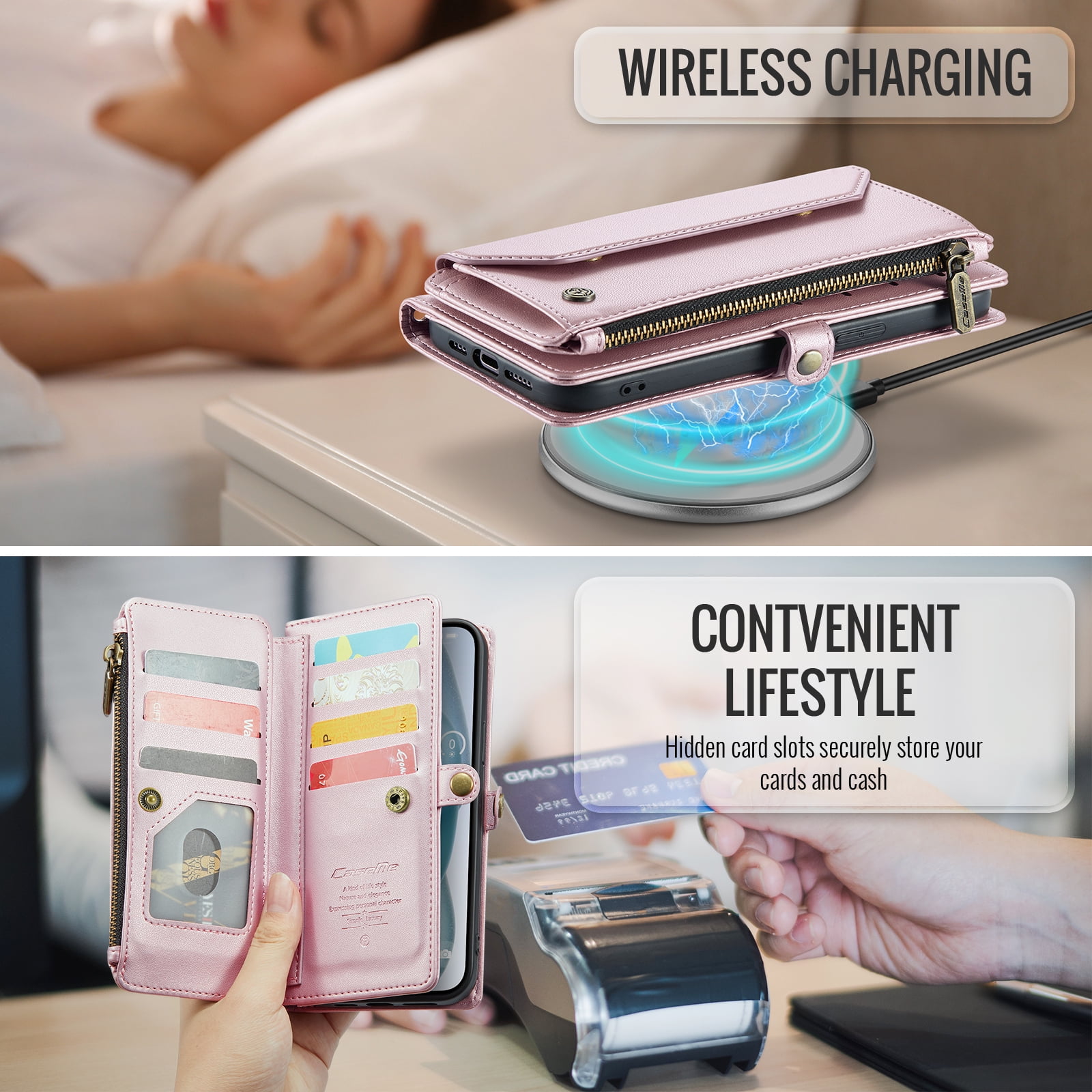 Crossbody for iPhone 13 Case Wallet【RFID Blocking】with 10-Card Holder Zipper Bills Slot, Soft PU Leather Magnetic Shoulder Wrist Strap for iPhone 13 Wallet Case Women, Pink
