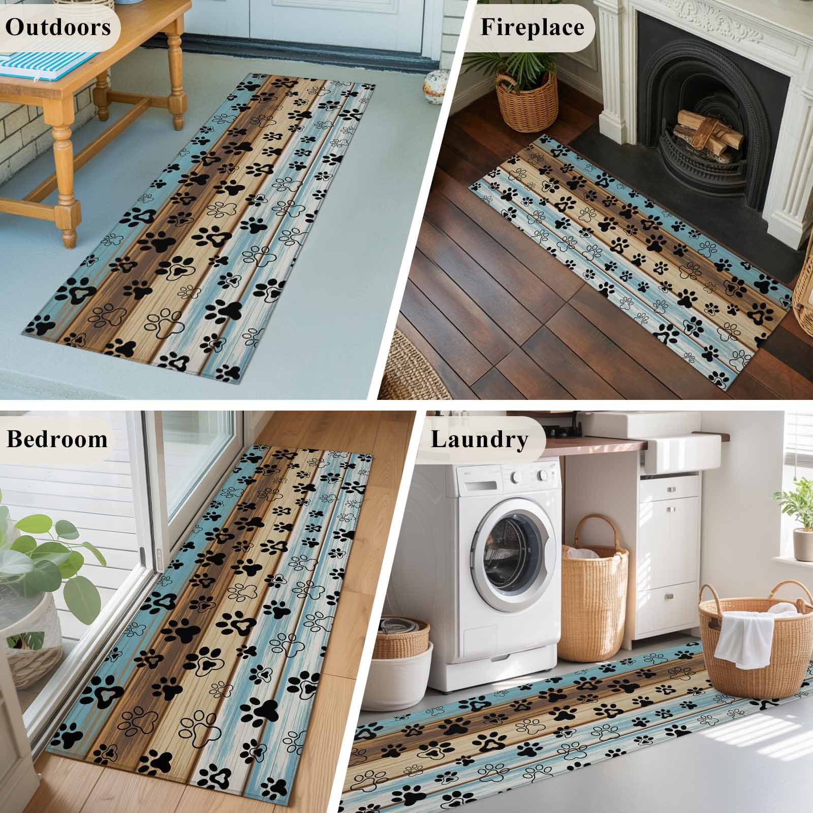 2'x6' Rug Runners for Hallways Kitchen, Cute Dog Claws Non Slip Entryway Beside Floor Carpet Runner, Farmhouse Blue Wooden Puppy Pawprints Washable Laundry Room Bedroom Throw Rugs Mat for Family Pet
