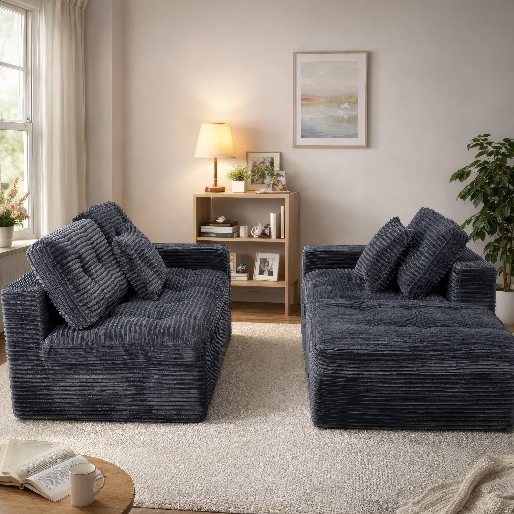 Compressed Pure Foam Boneless Sofa Set with Ottoman, Upholstered Faux Fur Tufted Couch, 3-Seater Floor Sectional Sofa
