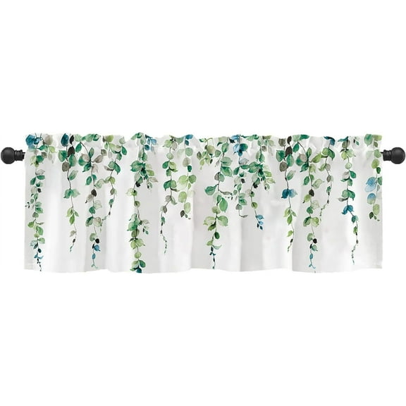 Watercolor Green Leaves Window Valance for Bedroom Living Room, Spring Summer Leaf Vine Plant Curtains Valanes for Windows, 3" Rod Pocket Window Treatment for Home Decorations, 54 x 18 Inch, 1 Pcs