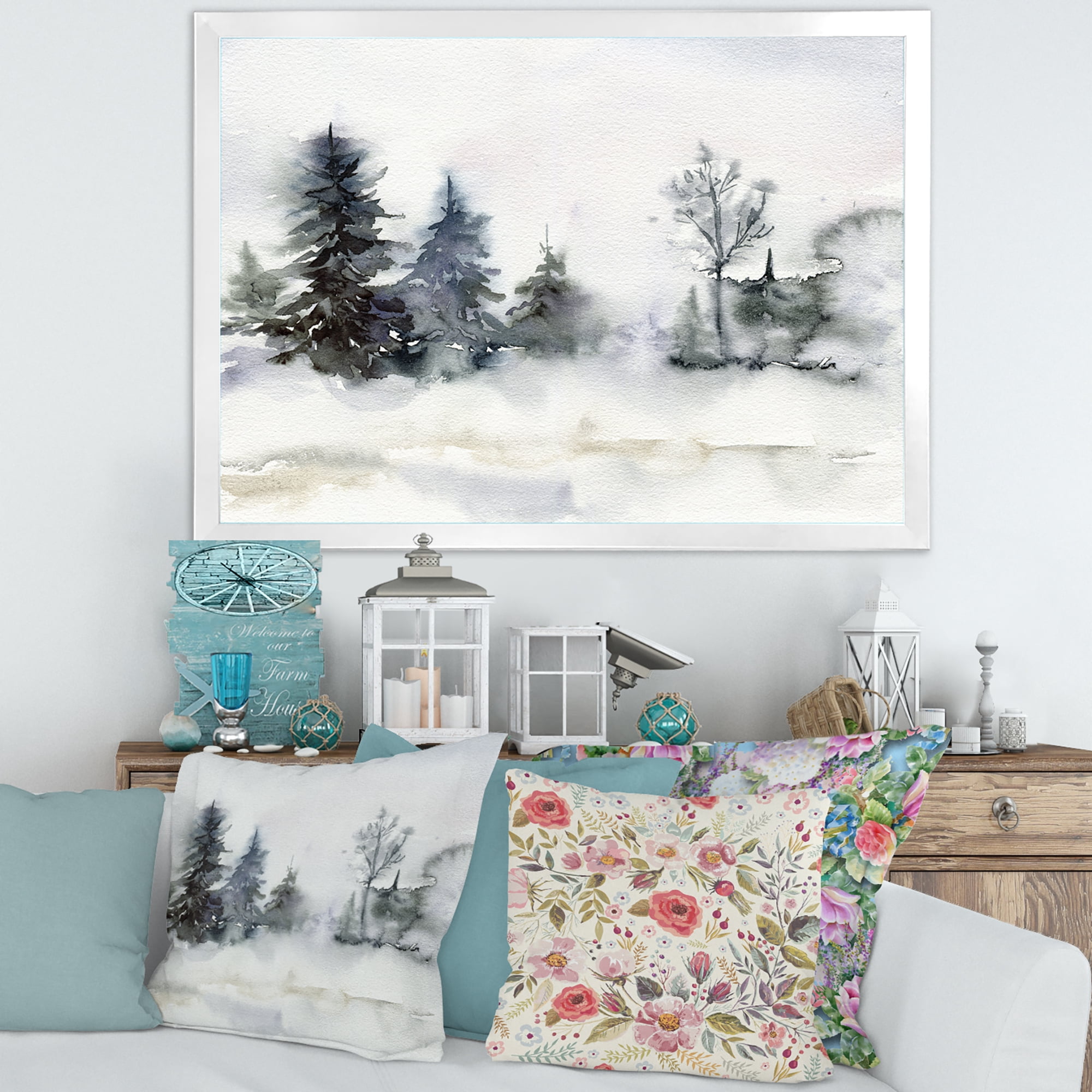 Designart 'Christmas Minimalistic Snow and Forest Landscape' Lake House Framed Art Print