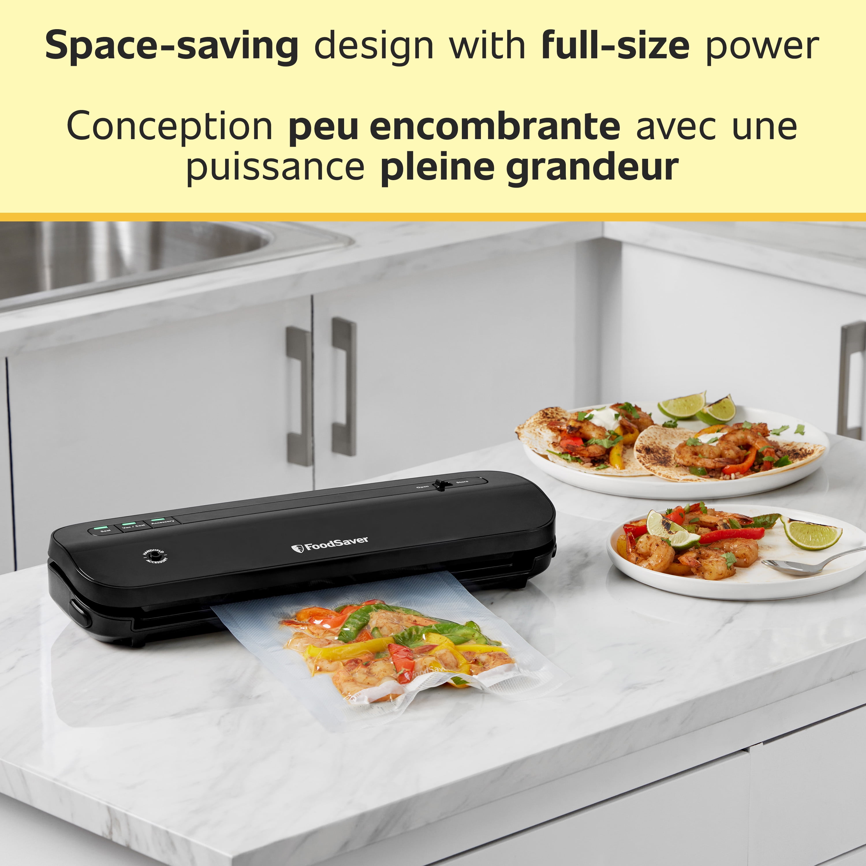FoodSaver VS1210 Space Saving Vacuum Sealer with 1 Roll and 4 Bags, Black