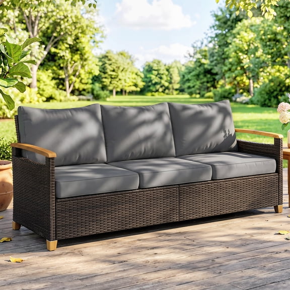 Outsunny 3 Seater Outdoor Couch Sofa, PE Wicker Patio Sofa with Wide Deep Seat, 4" Cushions, Wood-Effect Armrests and Legs, Gray