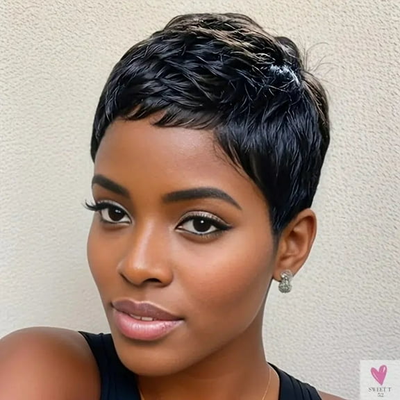 Pixie Cut 4 Inch 150% Density Machine Made Short Straight Layered Human Hair Wigs for Women, Remy Hair. Daily Use