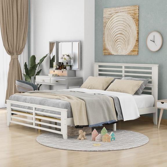 Euroco Queen Size Wood Platform Bed with Headboard & Footboard for Kids, White