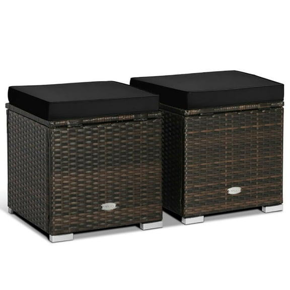 Spaco 2 Pieces Patio Ottoman with Hidden Storage Space, 4-in-1 Versatile Ottomans with Comfy Seat Cushions, Black