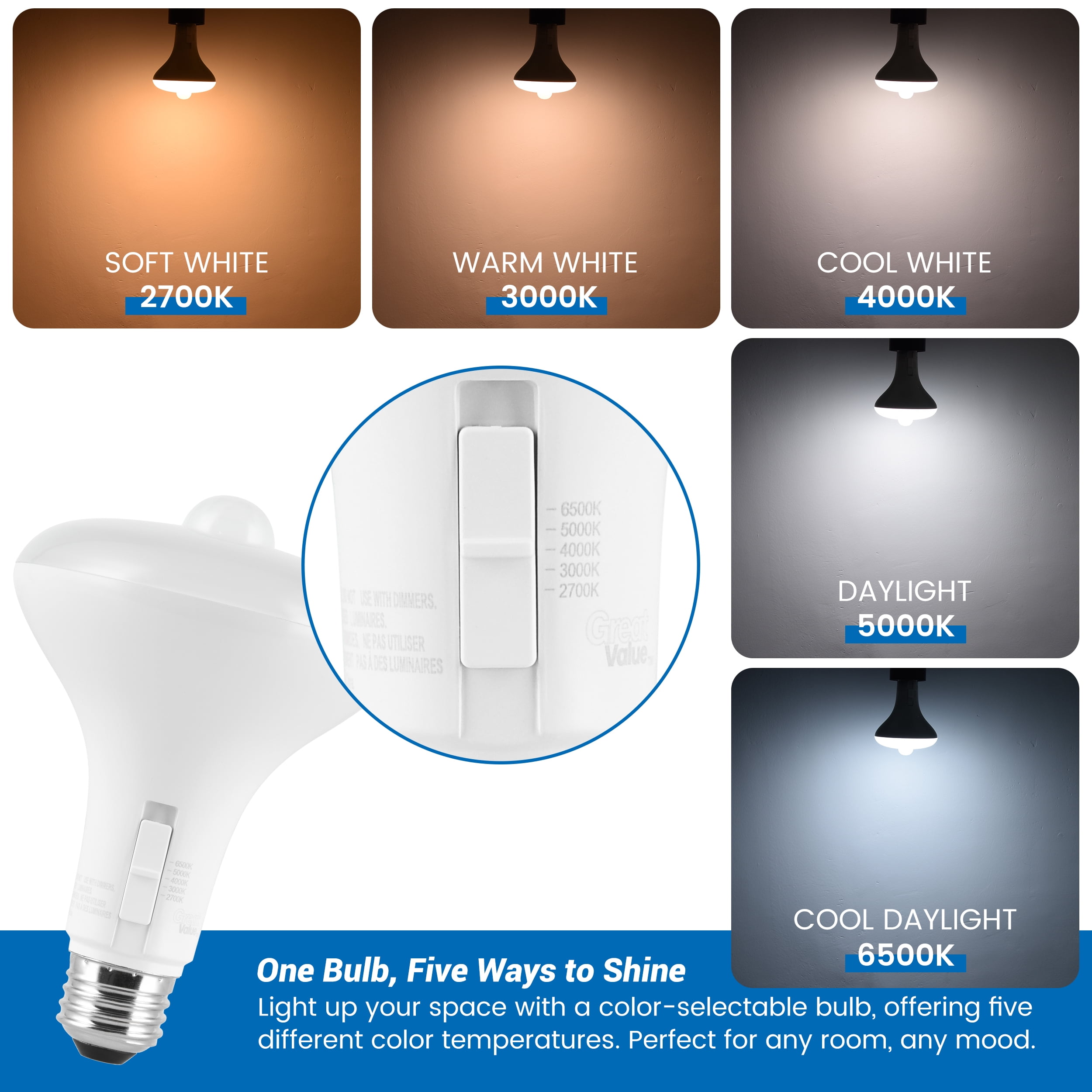 Great Value BR30 Motion Sensor LED Flood Light Bulb, 65W Equivalent, 5CCT Selectable, 850 Lumens, E26 Base
