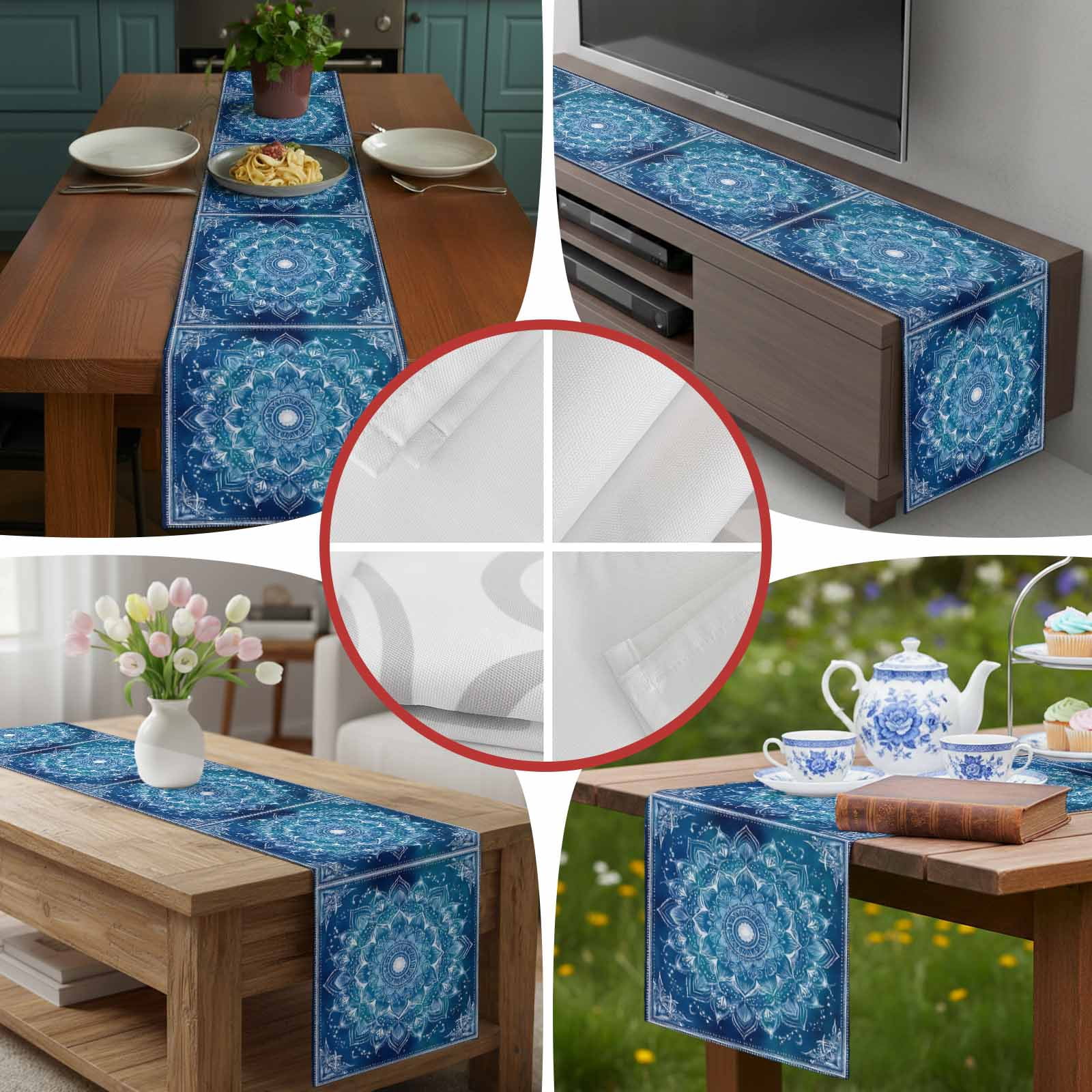Retro Ethnic Tribal Flower Pattern Table Runner 90 Inches Long, Blue Background Table Runners Tabletop Scarf Kitchen Dining Tables Decoration for Home Party Indoor Outdoor