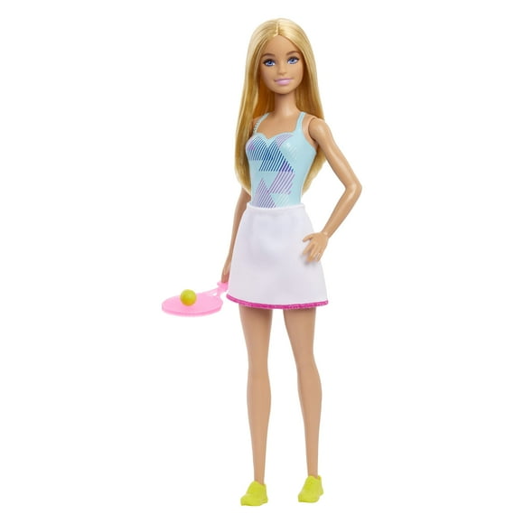 Muñeca Barbie jugadora de tenis con traje de tenis, raqueta y pelota