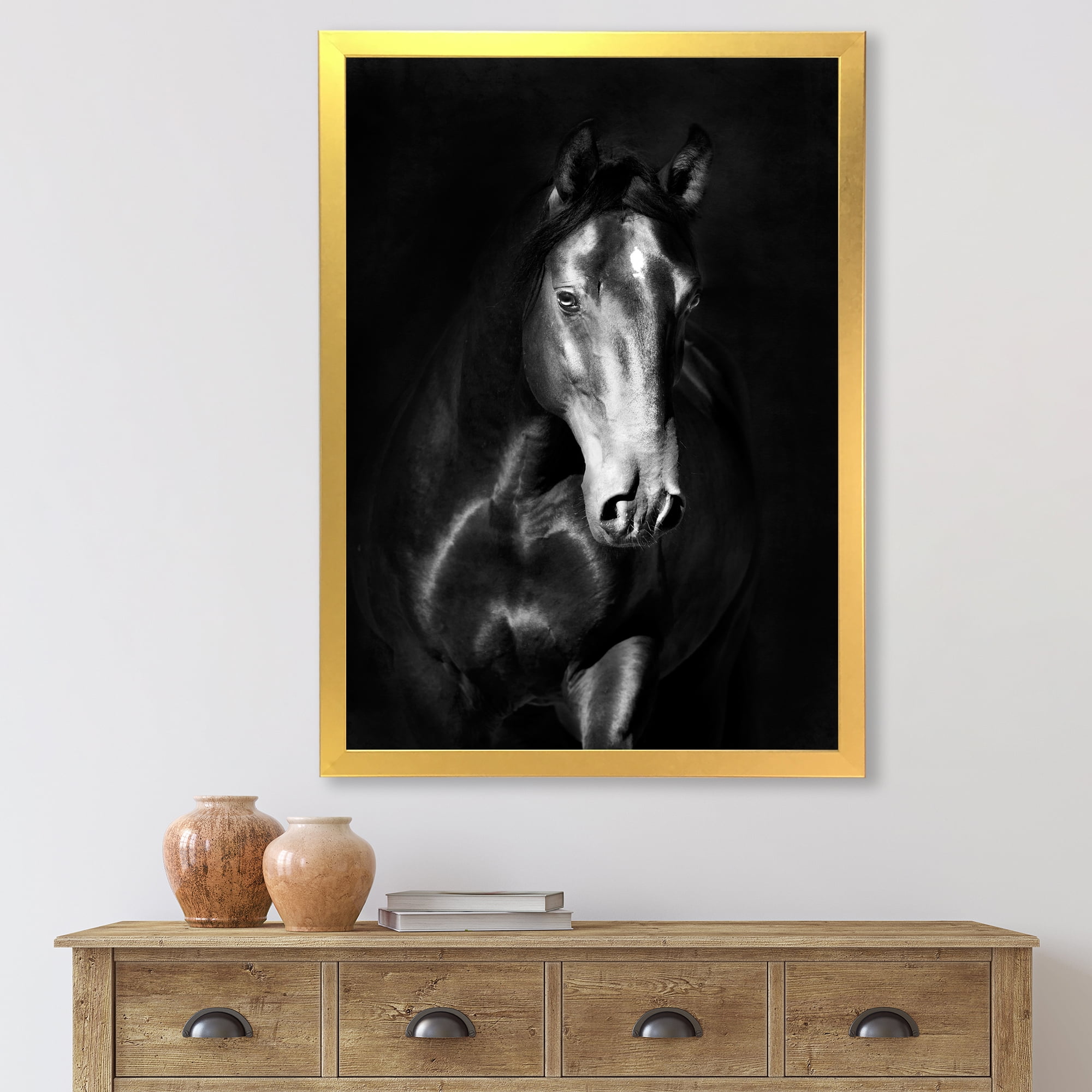 Designart 'Close Up Portrait Of Black Kladruby Horse' Farmhouse Framed Art Print