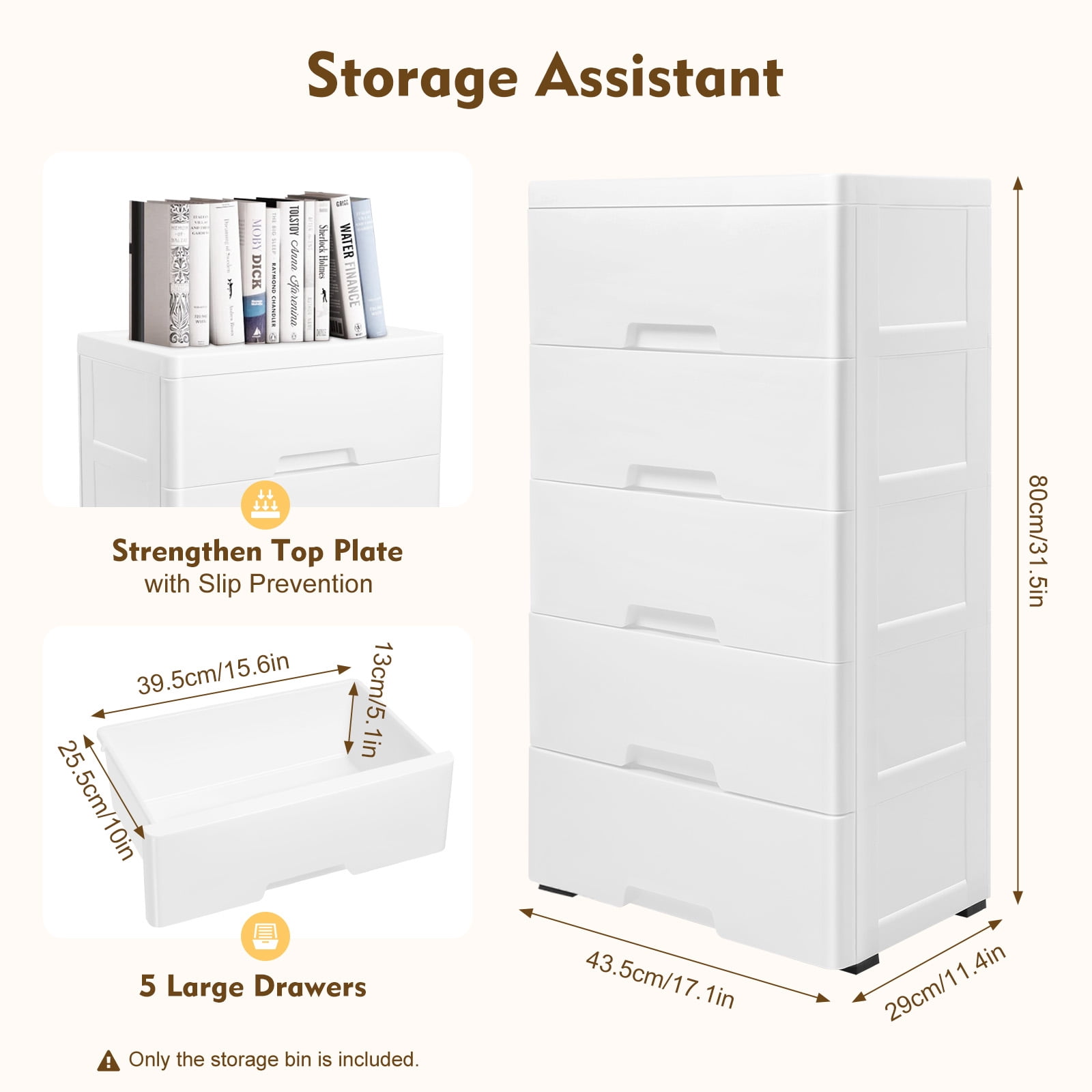 ChicHomey 5 Tier Plastic Drawers Dresser with 5 Drawers,Rolling Storage Cabinet 4 Casters,White Modern Home Organization for Bedroom/Living Room/Children's Room​