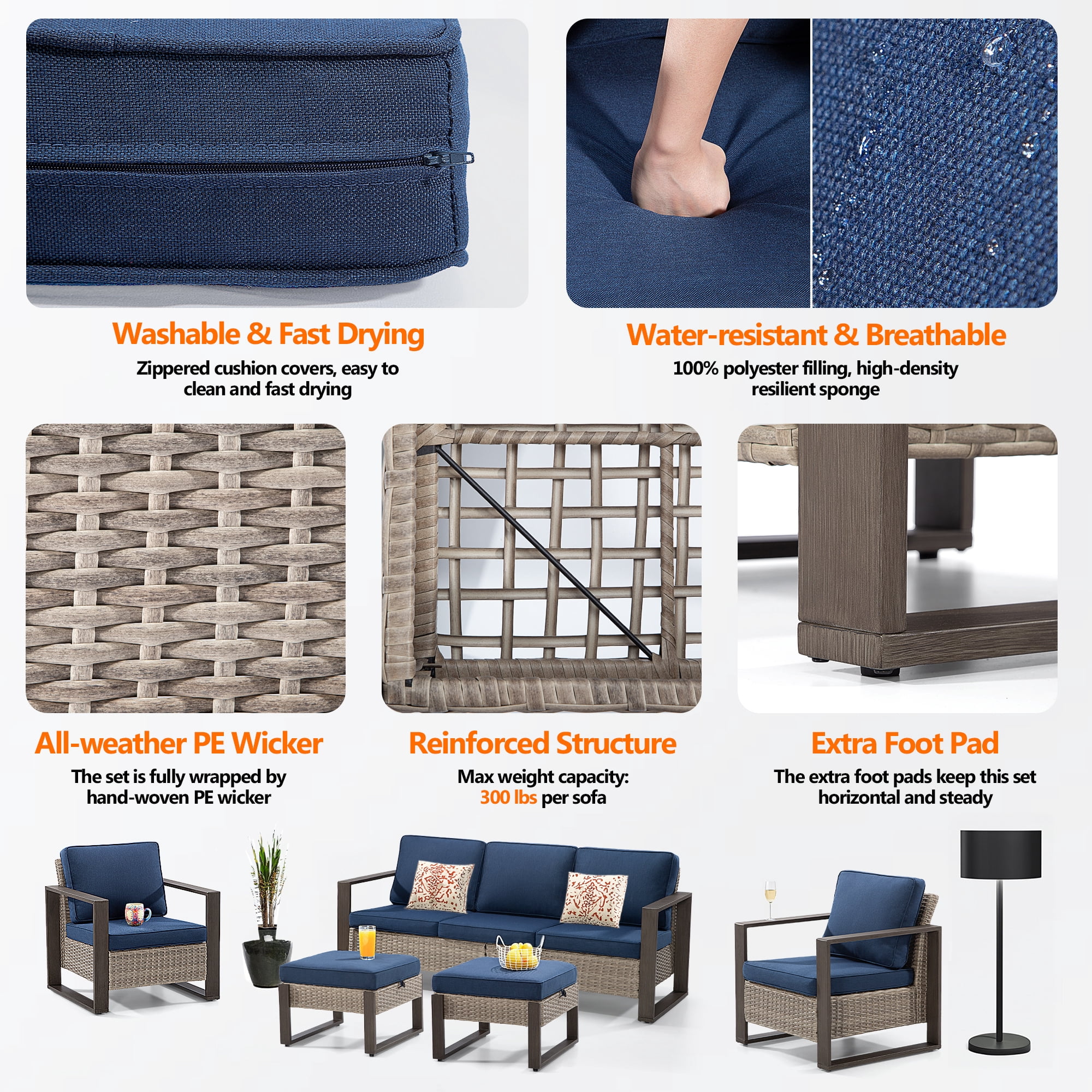 MeetLeisure 5 Pieces Wicker Patio 75" Sofa Set, All Weather Rattan Outdoor Conversation Furniture with Wood-Looking Metal Armrest & Removable Cushions for Deck Backyard Porch, Dark Blue