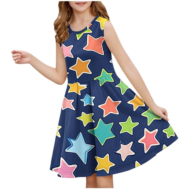 RXIRUCGD 2025 Summer Clothes for Kids Girls Sleeveless Stretchy Dress A Line Twirly Skater School Recital Dress Short Sleeve Round Neck Dress