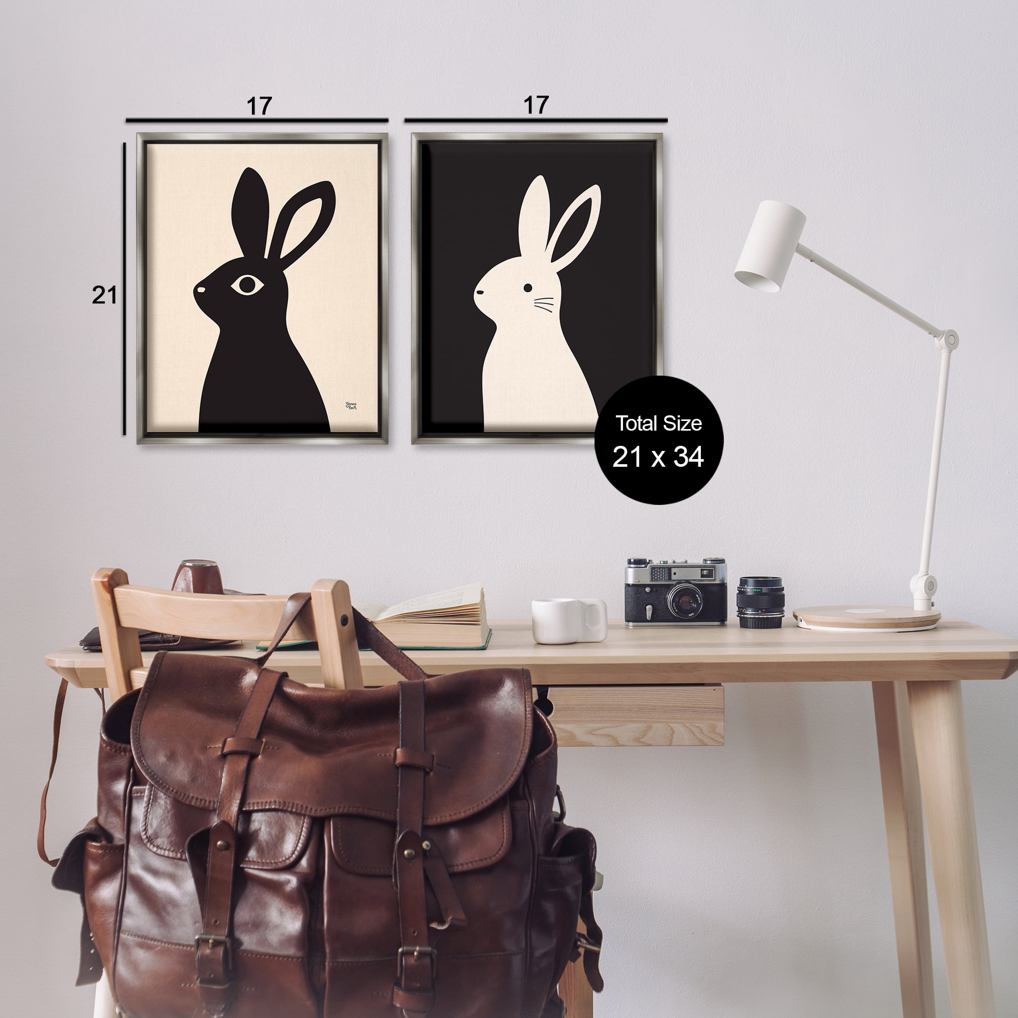 Stupell Industries Cream & Black Rabbits Animals Painting Gray Floater Framed Canvas Art Print Wall Art, 17 x 21, Set of 2
