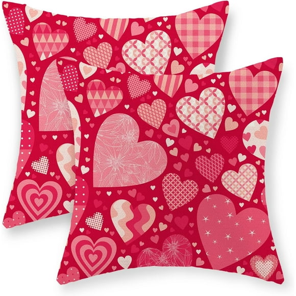 Housses de Coussin de la Saint-Valentin 18x18 Pouces Lot de 2, Coussins Décoratifs Cœur d'Amour Rouge pour la Saint-Valentin, Housse de Coussin en Lin Décorative pour Canapé Extérieur