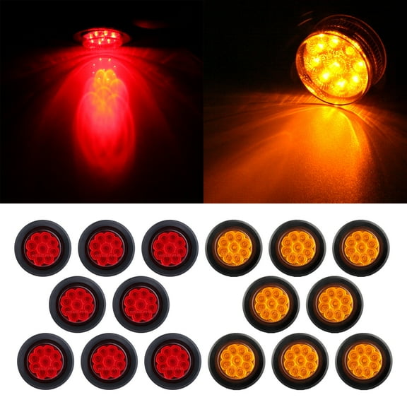 ECCPP 2" 9 Led Round Trailer Led Side Marker Lights 2" 9 Led LED Clearance Side Marker Light w/Rubber Grommet For Freightliner Cascadia 2008-2016 For Freightliner Classic(Amber Red Light Total 16)