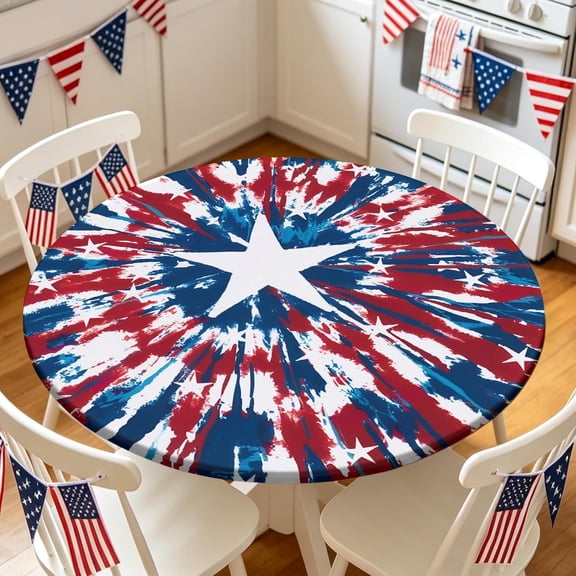 4th of July Star Round Fitted Tablecloth with Elastic Edge 45"-52" Waterproof Table Cloth Independence Day Tie Dye Table Cover Patriotic Decoration Tablecloth for Dining Party Celebration