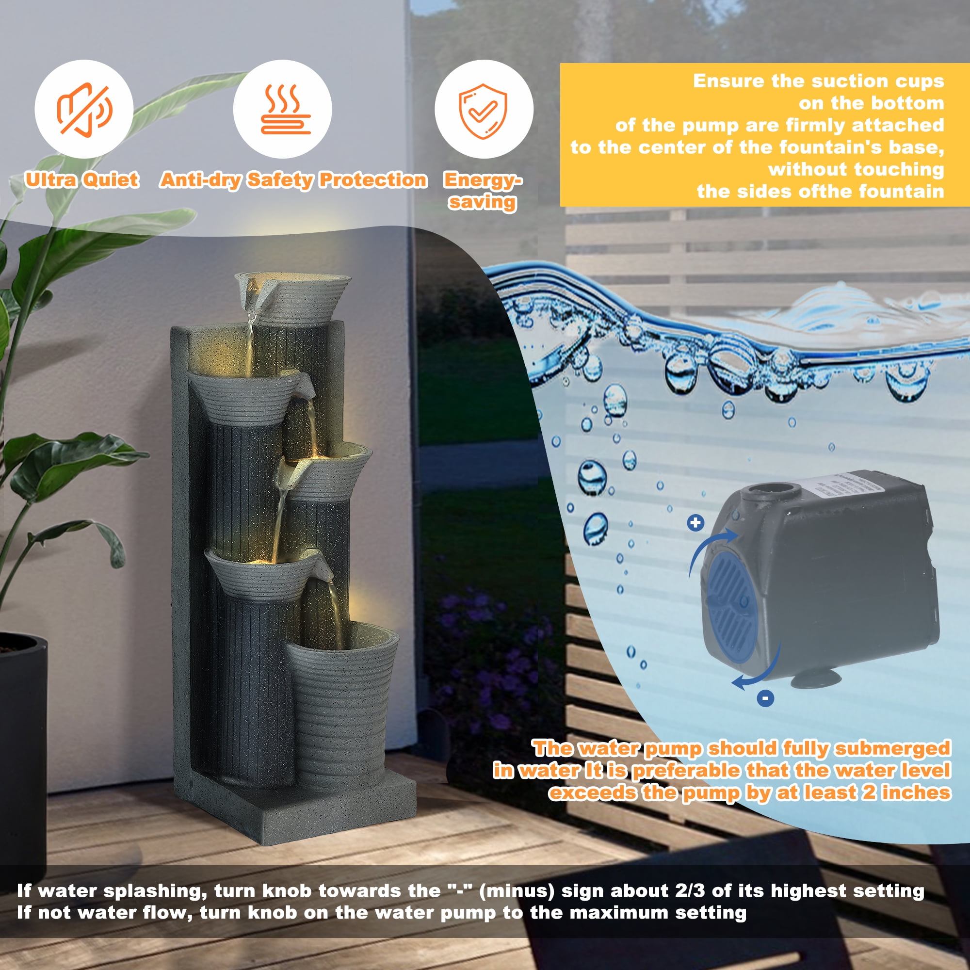Magic Union Outdoor Water Fountain, 5 Tiers Cascading Waterfall Indoor Water Feature Garden Decor with LED Lights, Fountains Outside Patio Resin for Yard, Deck, Porch and Home, Bamboo Elements