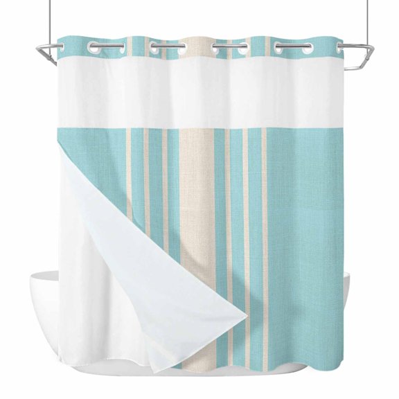 Aqua Beige Striped No Hook Shower Curtain Waterproof, Bathroom Curtains with Snap in Liners and See Through Top Window, Modern Farmhouse Retro Lines Hotel Style Bathtub Curtains Shower 66"Wx72"L