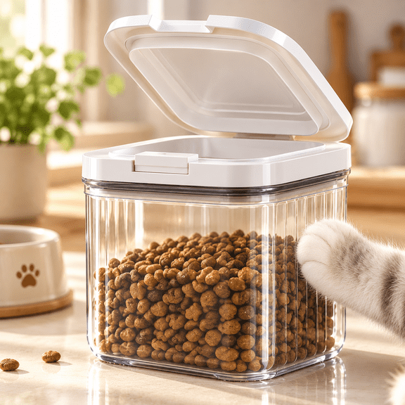Airtight Pet Food Storage Container 5.9" x 5.9" x 3.7", Clear Push-Button Kibble & Treat Bin for Dogs and Cats