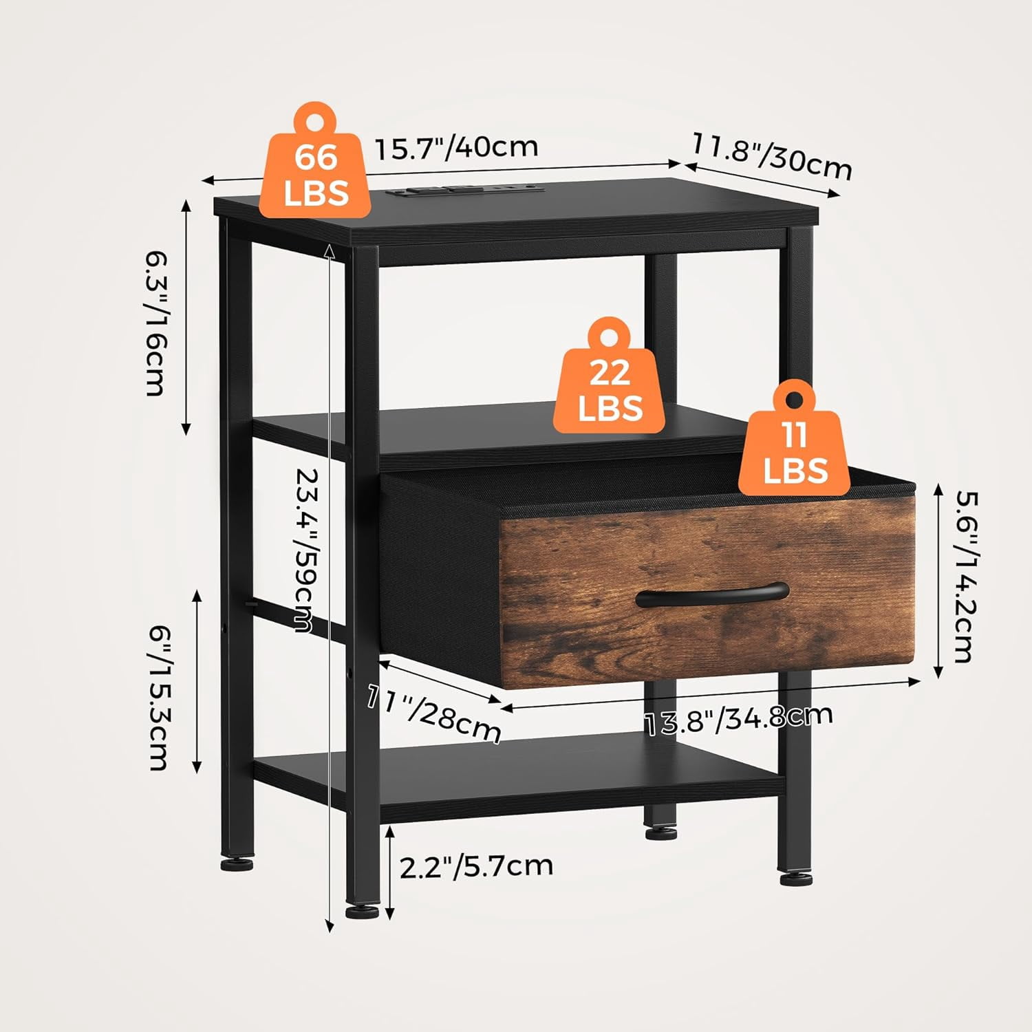 JIOABL 1 Drawer Nightstand with USB & Type-C Charging, Fabric Drawers, Metal Frame, Black and Rustic Brown