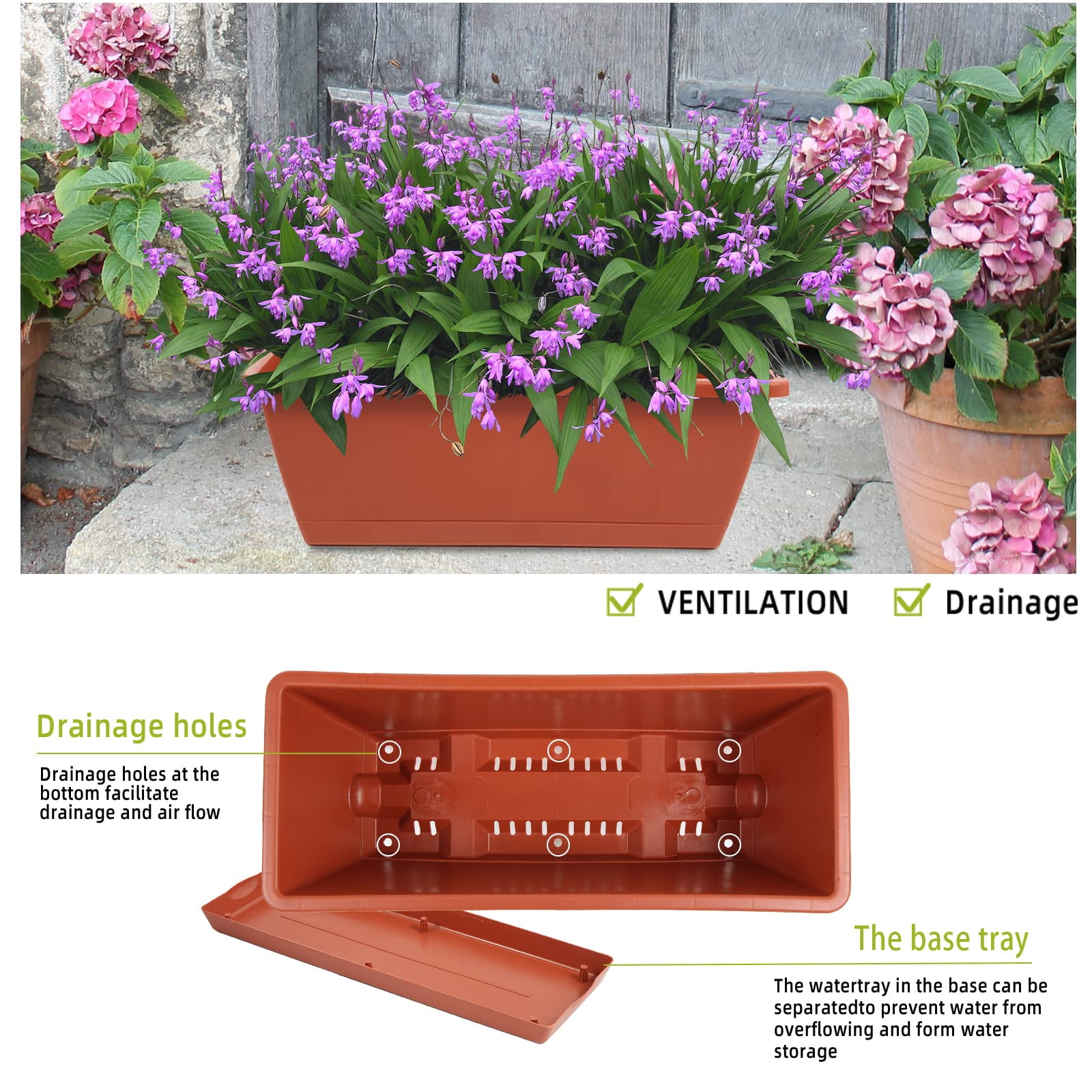 8pcs Window Box Planter, 17 Inches Flower Window Boxes, Rectangle Planters Box with Drainage Holes and Trays, Plastic Vegetable Planters for Windowsill Patio Garden Home Decor Porch Yard (Grey)