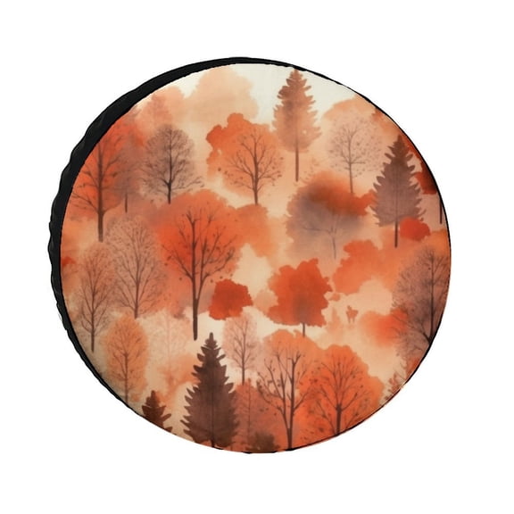 Camping Spare Tire Cover Burnt Orange Watercolor Forest Waterproof Polyester Wheel Protectors Wheel Covers Fall Rustic Nature Themed Forest Tire Cover for Camper Truck Travel Trailer 12inch