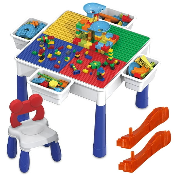 PicassoTiles Kids Multi Activity Table with Chair & Storage, 581PCS Building Blocks & Marble Run, STEM Construction Toy for Kids Age 3