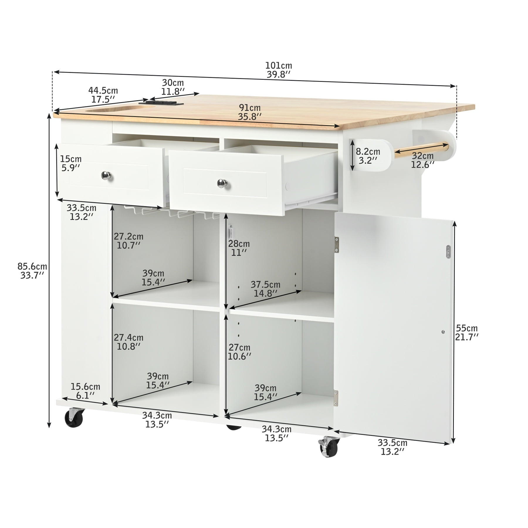 Alvantor Kitchen Island Carts with Power Outlet, Mobile Buffet Cabinet with Drop Leaf,Open Storage and Wine Rack for Dining Room Living Room White