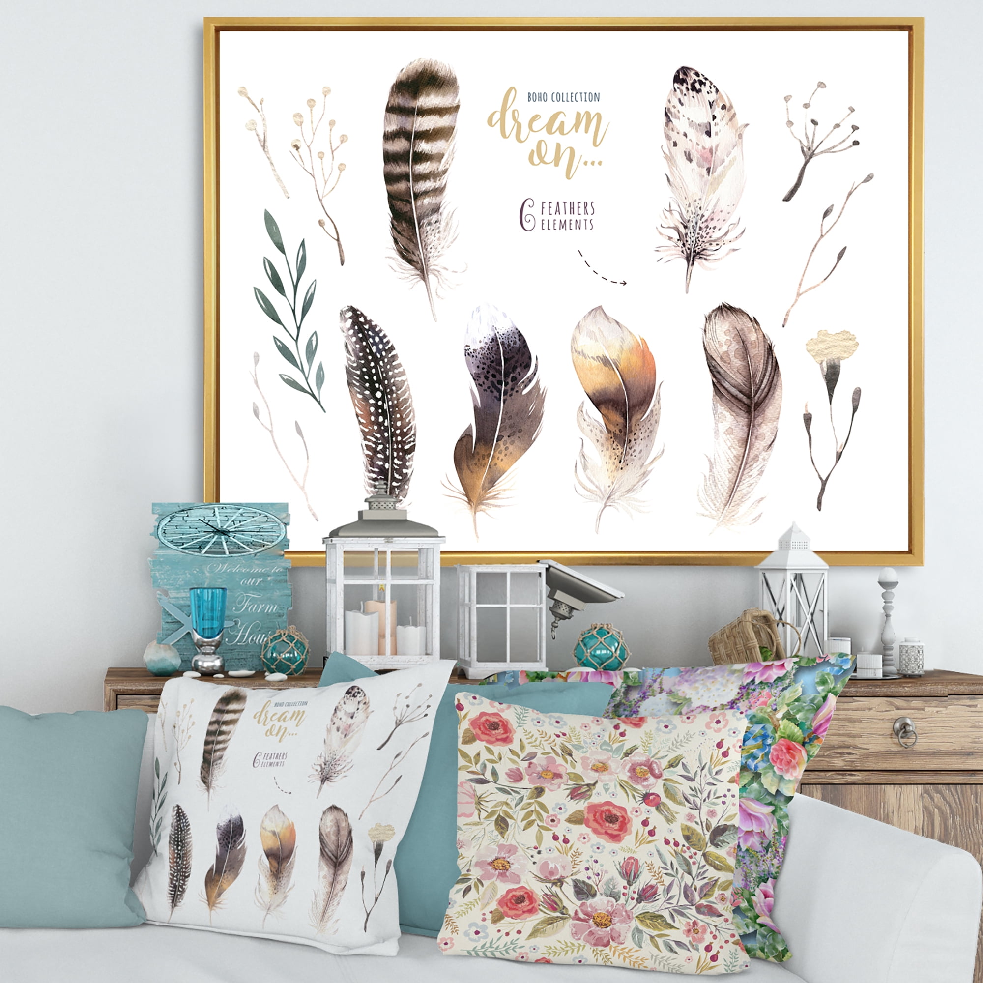 Vibrant Orange Boho Feathers 32 in x 16 in Framed Painting Canvas Art Print, by Designart