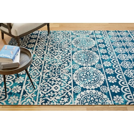 Blue Tile Design - Well Woven Signora Blue Vintage Floral Tile Design Short Pile Kilim-Style Modern 8x11 (7'10