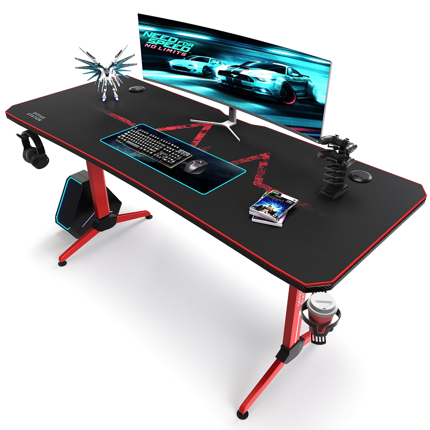 zuiden Verlenen In Homall 63-Inch Gaming Desk Y-Shaped PC Computer Office Desk with Mouse Pad  Home Study Carbon Fiber Surface Gamer Workstation with Cup Holder and  Headphone Hook, Red - Walmart.com