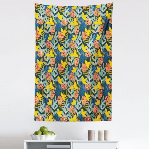 Leaves Tapestry, Colorful Cartoon Drawing Plants Branches Dots Abstract Style Garden Art, Fabric Wall Hanging Decor for Bedroom Living Room Dorm, 5 Sizes, Dark Green Multicolor, by Ambesonne